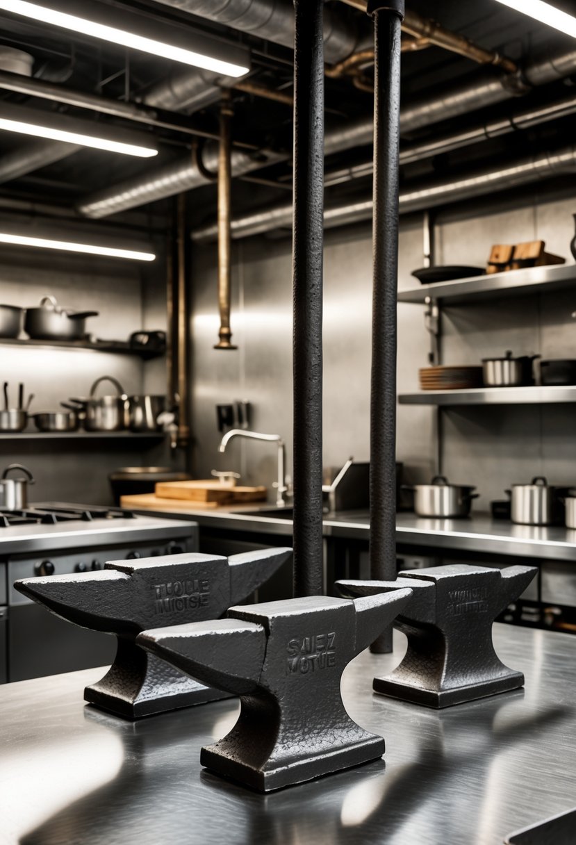 An industrial kitchen with iron bars and anvils placed on metal counters, surrounded by kitchen tools and industrial lighting.
