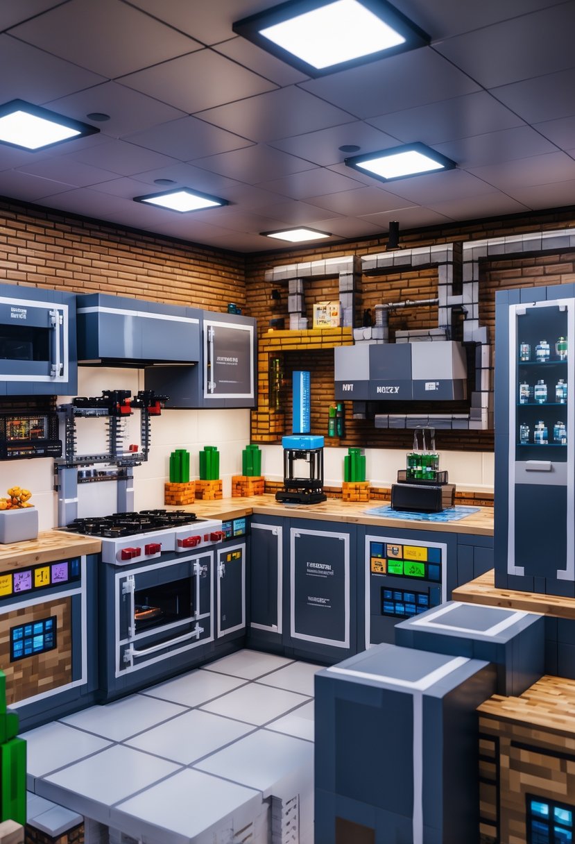 A Minecraft kitchen with multiple automated Redstone appliances operating, including ovens, dispensers, and pistons, surrounded by kitchen counters and storage.