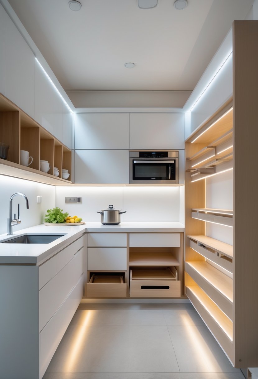 A modern, compact kitchen with hidden storage compartments and efficient use of space, featuring clean countertops and integrated shelving.