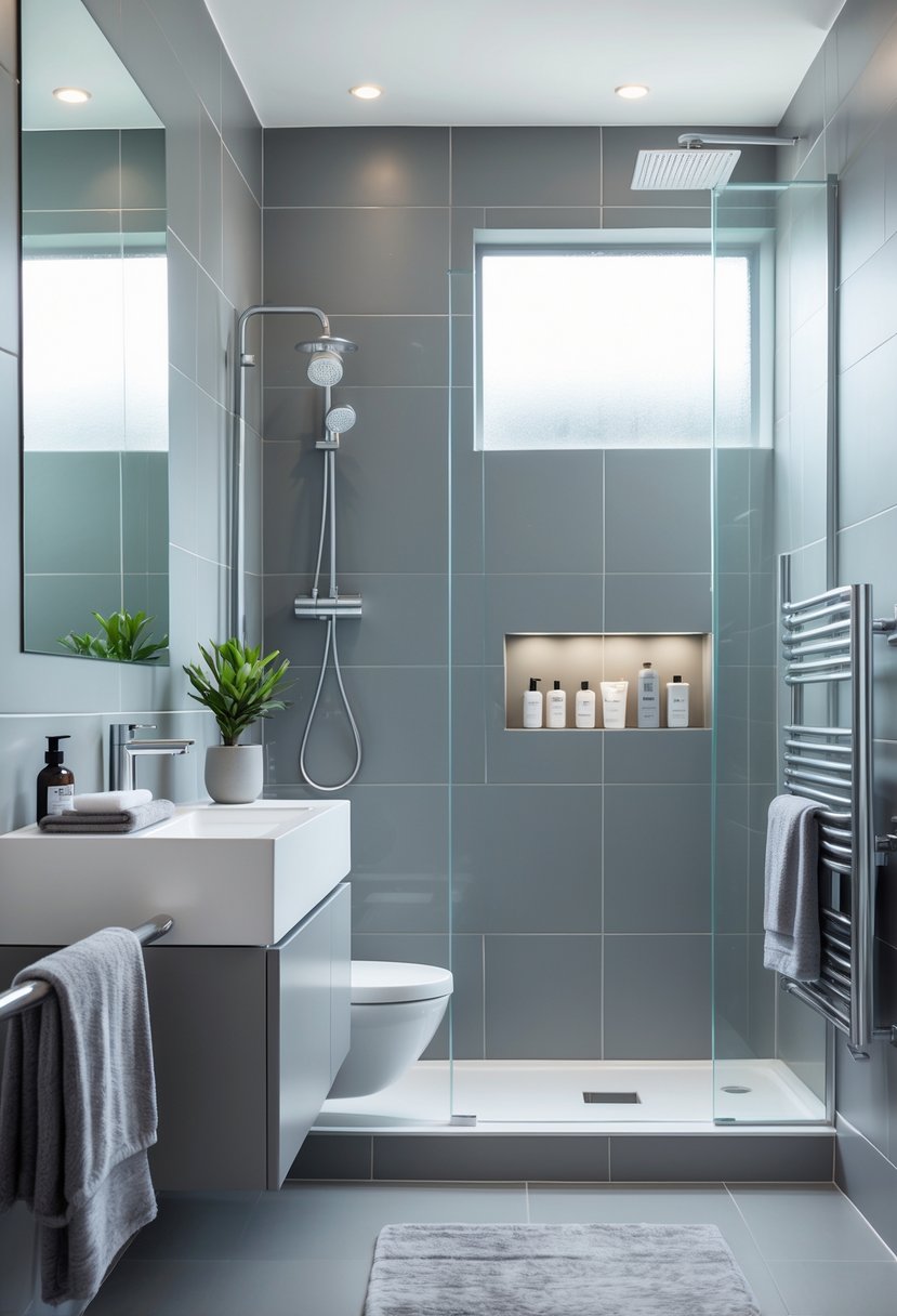 v2 1494zk wck2k A modern bathroom with grey tiles, a floating vanity, a glass shower, and neatly arranged towels.