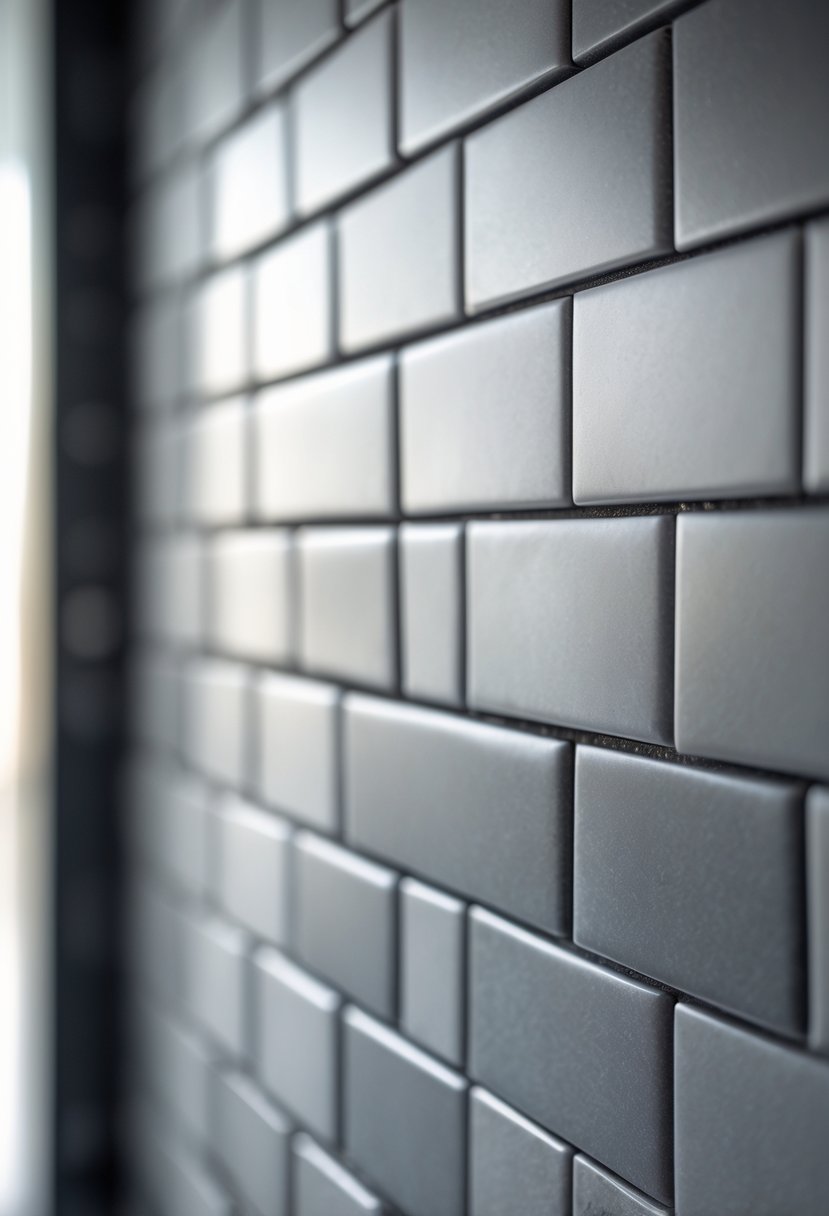 v2 14950m Close-up view of a bathroom wall covered with matte gray subway tiles and dark grout lines.