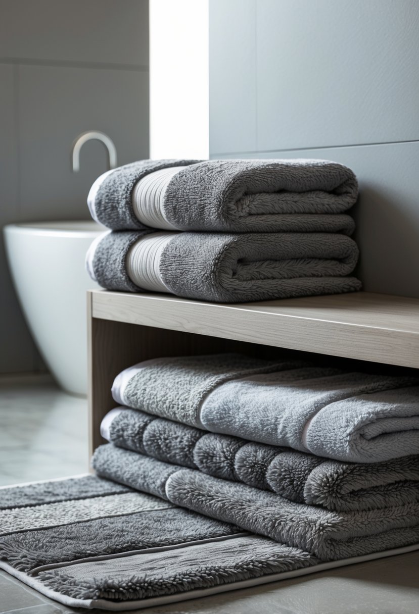 v2 14950x baafc A bathroom scene with stacked gray towels and layered gray rugs on the floor, highlighting different textures.