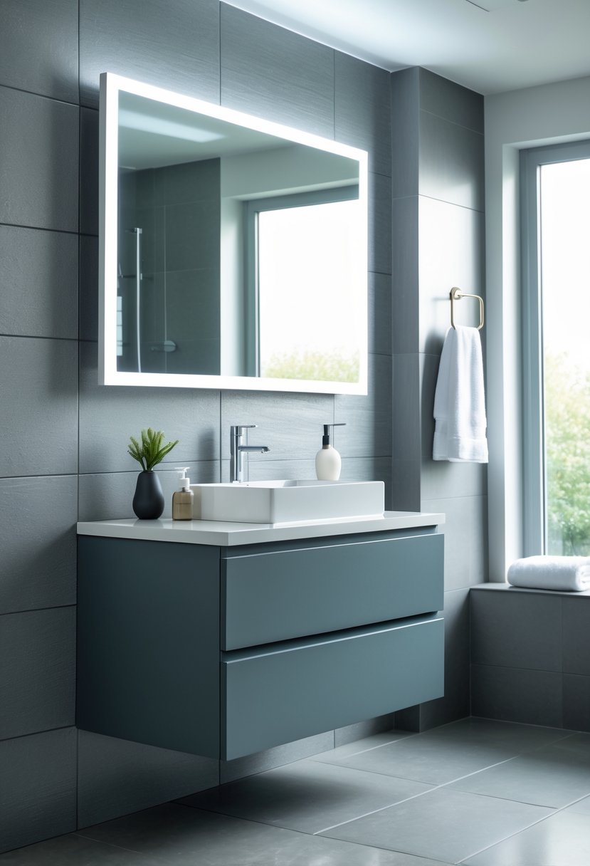 v2 149518 7u9lf Modern bathroom with a floating slate gray vanity, white countertop, large mirror, gray walls, and tiled floor.
