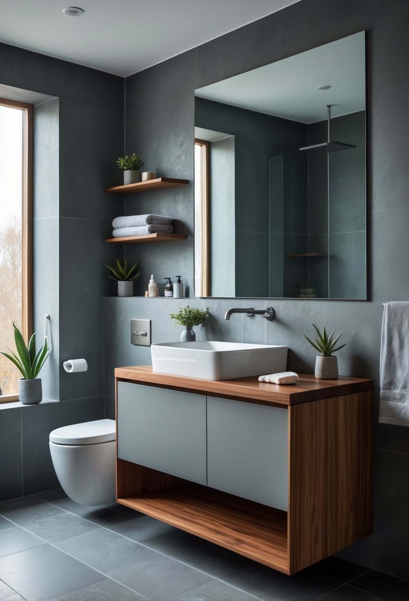 v2 14951k ho6m2 A bathroom with gray walls, wooden countertop, sink, mirror, and shelves with towels and plants.