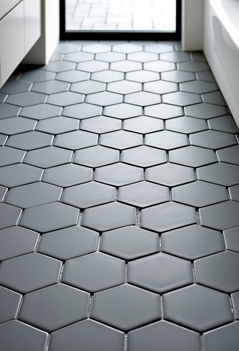 v2 14951y uay3e Close-up view of a bathroom floor with gray hexagon tiles arranged in a geometric pattern.