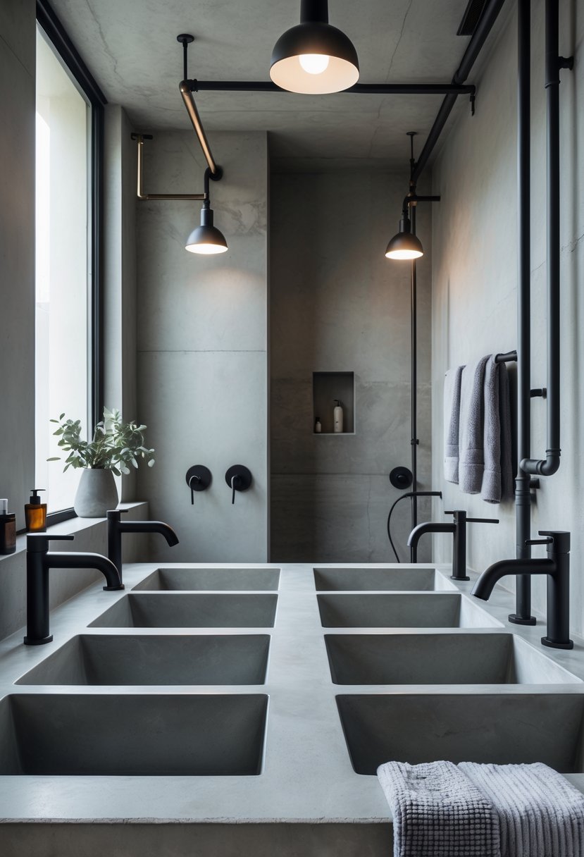 v2 149530 f495j A bathroom with multiple concrete gray sinks, metal faucets, and gray walls featuring industrial design elements.