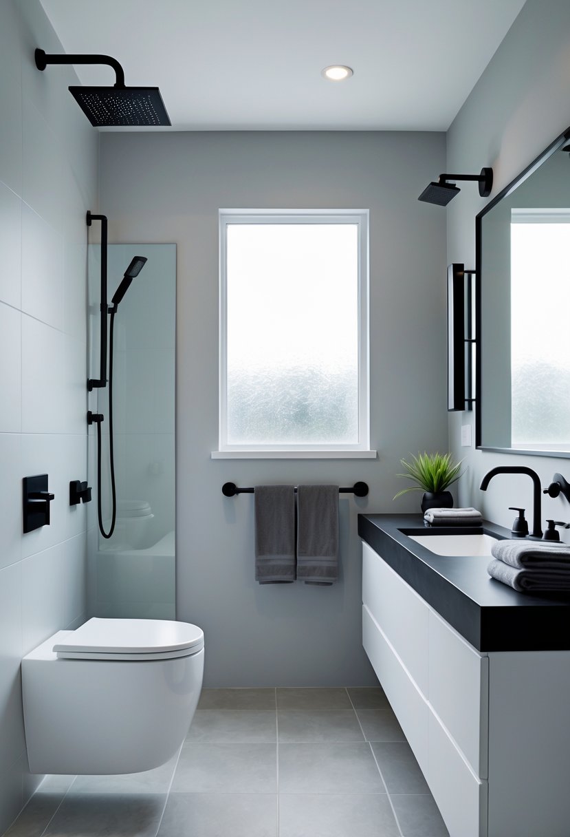 v2 14953b 1gyph A modern bathroom with light gray walls, black fixtures, a white vanity, and a large mirror.
