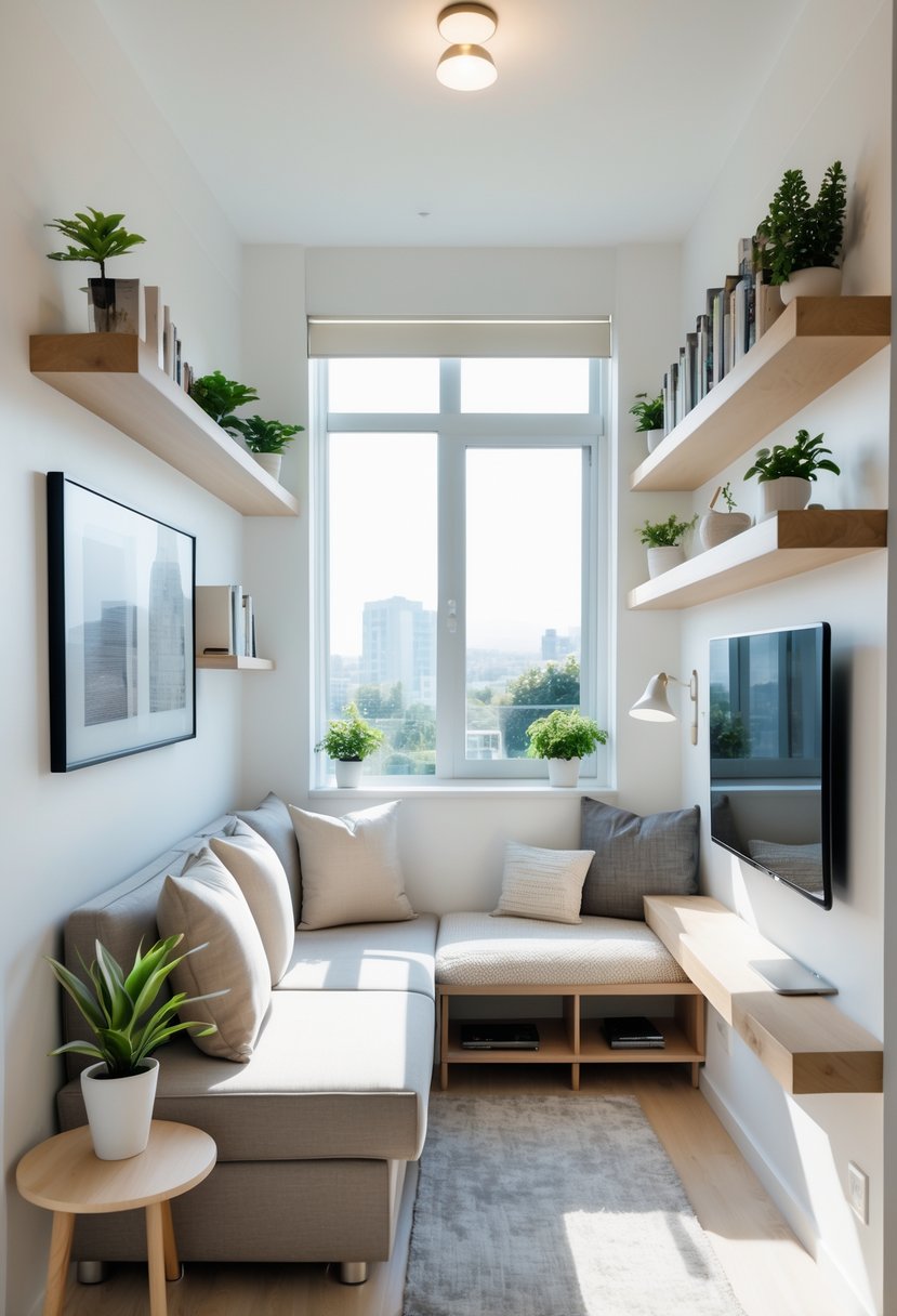 v2 1496d1 c791h A small living room with a compact sofa, wall-mounted TV, floating shelves, and a cozy reading nook by a window.