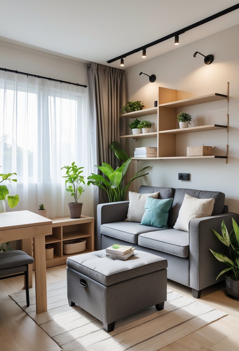 v2 1496de 7pdmc A small living room with a storage ottoman used as a coffee table, a compact sofa, wall shelves, and plants near a window.
