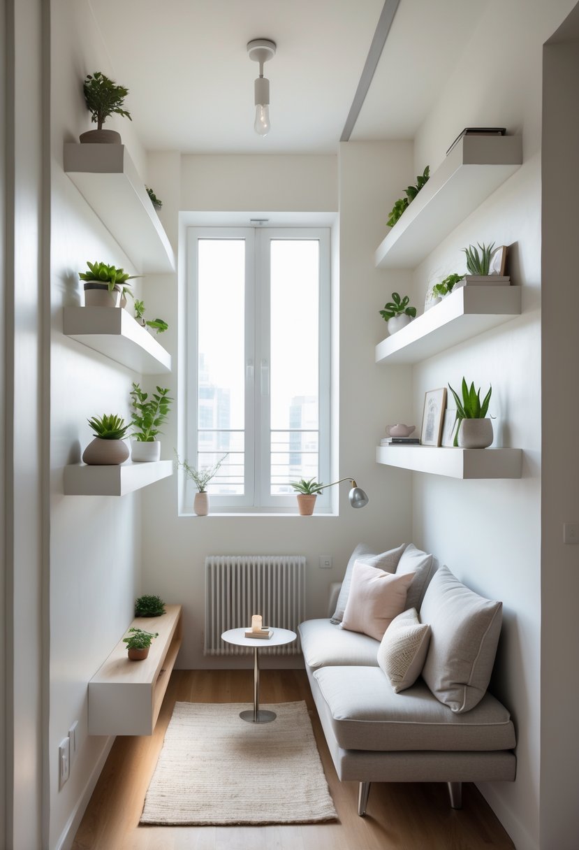 v2 1496ds 19ecs A small living room with floating shelves on the wall holding plants and books, a compact sofa, and a coffee table.