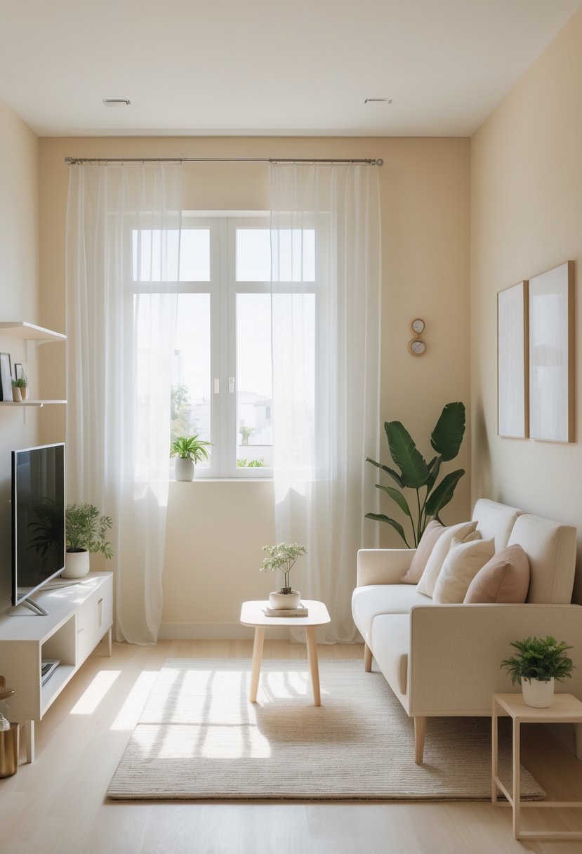 v2 1496e3 44y3b A small living room with light walls, a compact sofa, coffee table, shelving, and plants, illuminated by natural light.