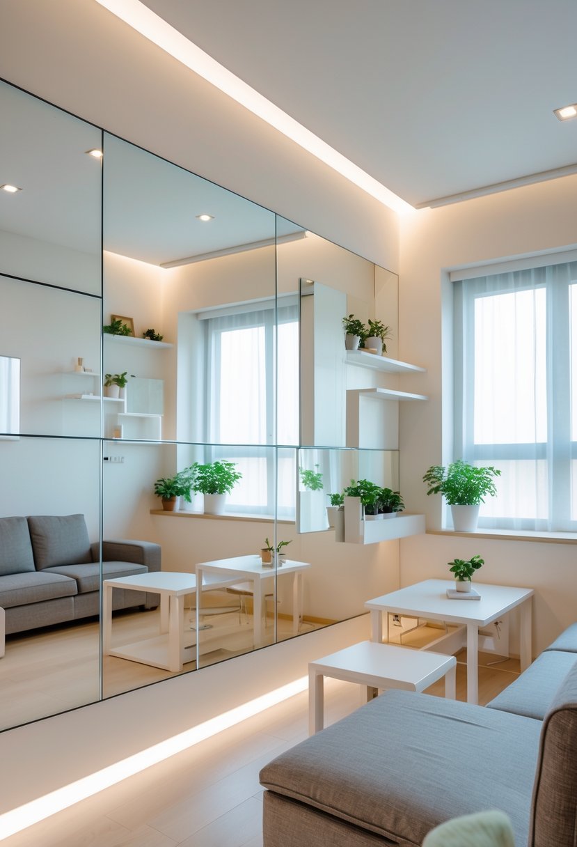 v2 1496ef pss9a A small living room with mirrors on the walls creating an illusion of depth, featuring compact furniture and plants.