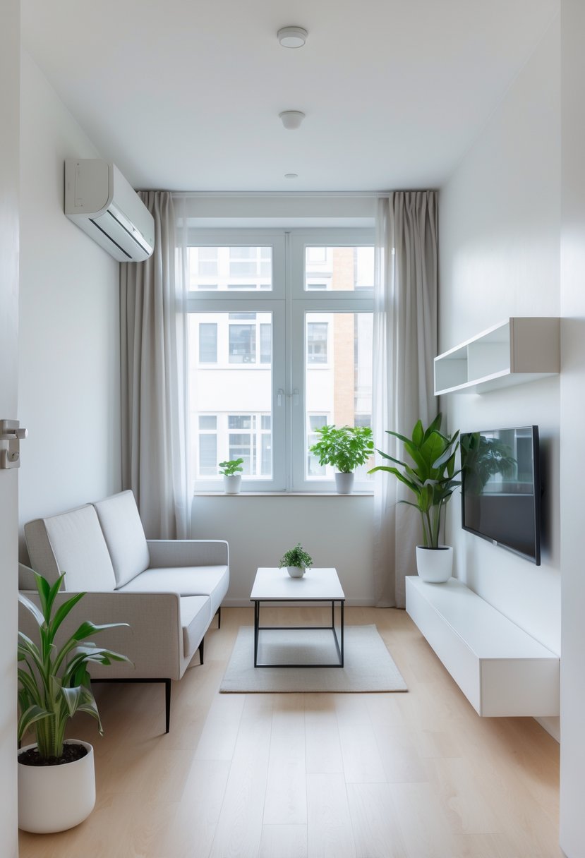 v2 1496eq yv1ah A small living room with slim furniture, natural light, plants, and a clean, organized layout.