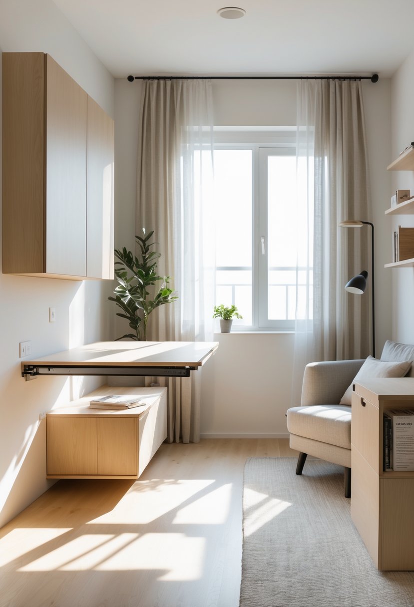 v2 1496f4 A tiny living room with a wall-mounted fold-down table extended, showing extra surface space and compact furniture.