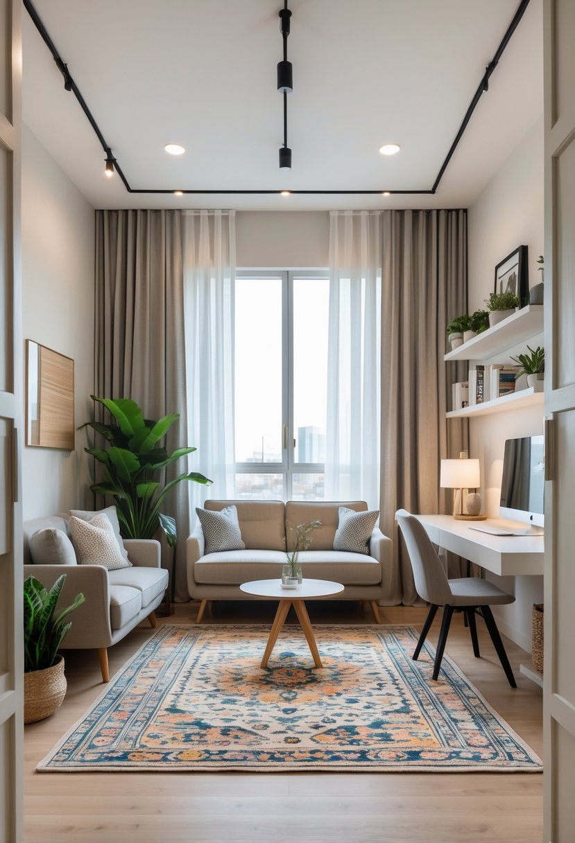 v2 1496fg 08pmy A small living room with multiple rugs separating a seating area and a workspace, featuring a sofa, armchairs, desk, and natural light from large windows.