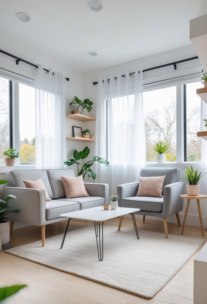 v2 1496ft dwqkv A small living room with furniture that has exposed legs, natural light, plants, and minimal decor.