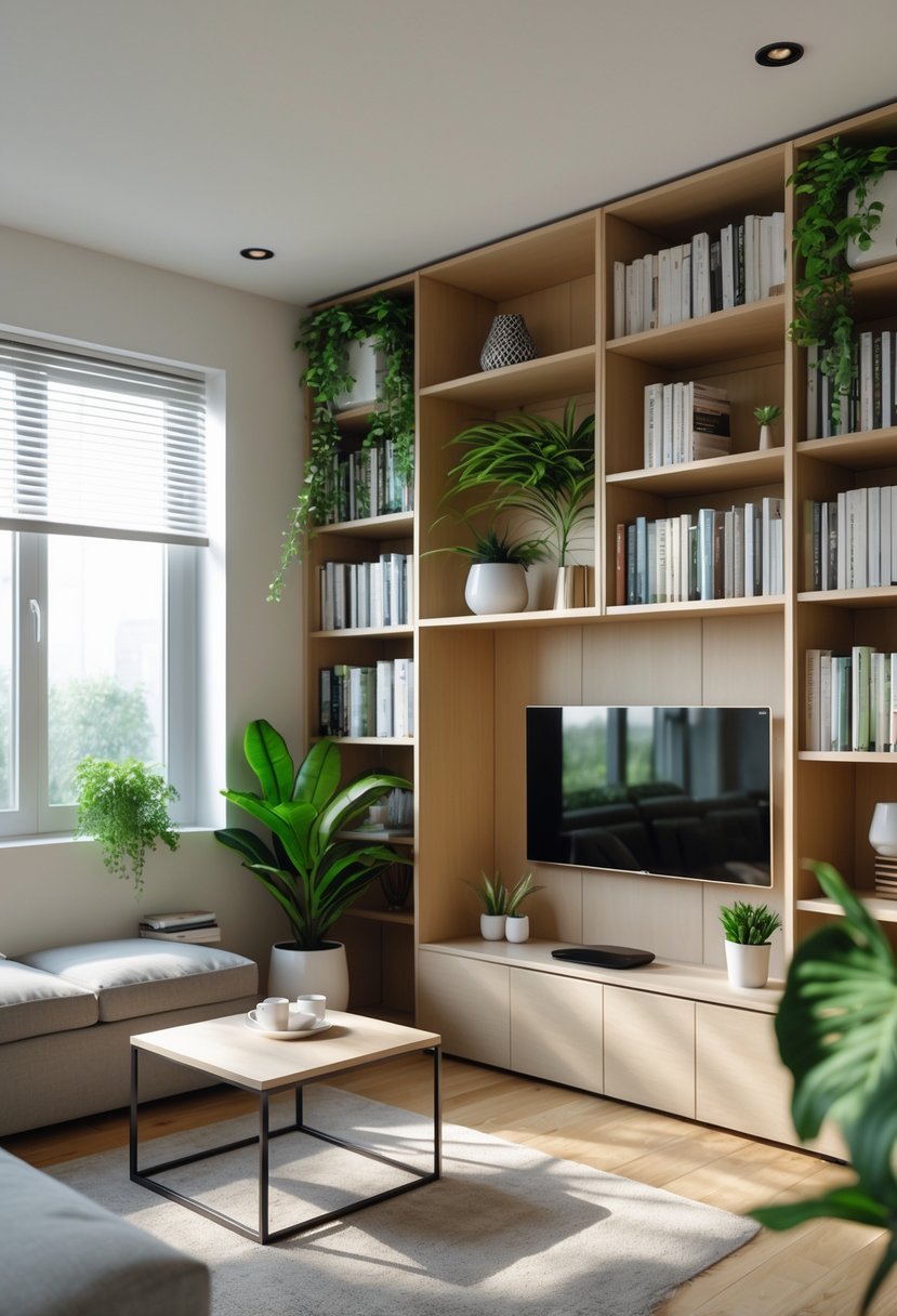 v2 1496g5 67y89 A small living room with tall bookcases filled with books and plants, a compact sofa, and a coffee table, designed to maximize space.
