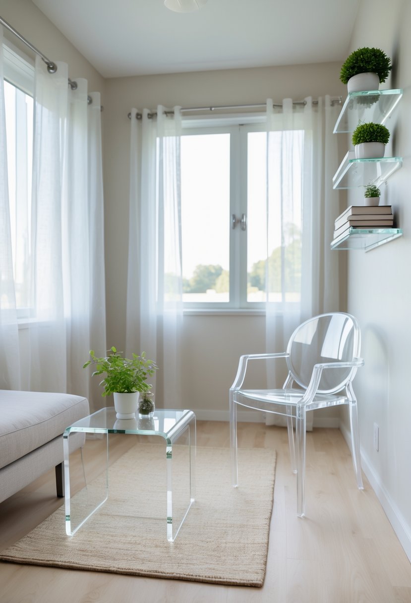 v2 1496gj hwof7 A small living room with clear acrylic and glass furniture, natural light, a potted plant, and simple decor creating an open and tidy space.