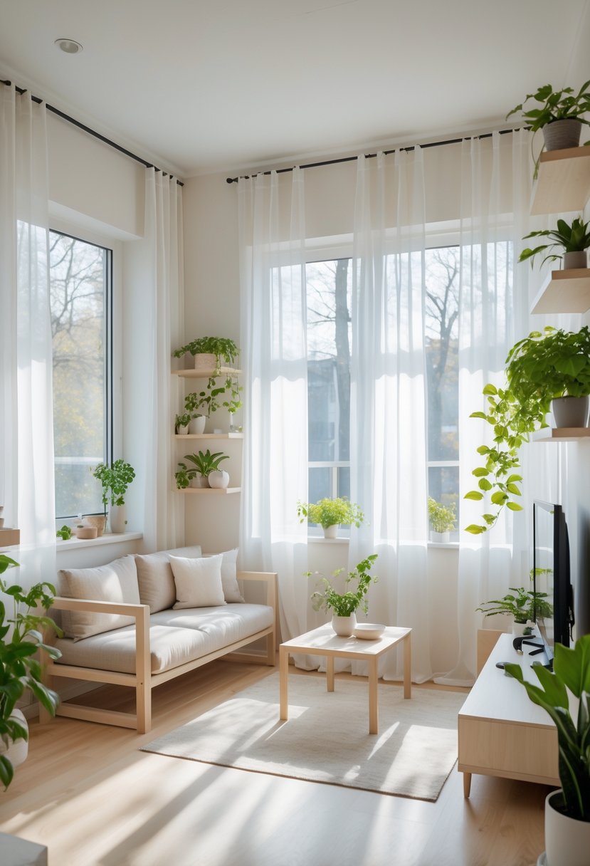 v2 1496hq ts6rs A small living room filled with natural light coming through sheer white curtains on large windows, featuring compact furniture and plants.