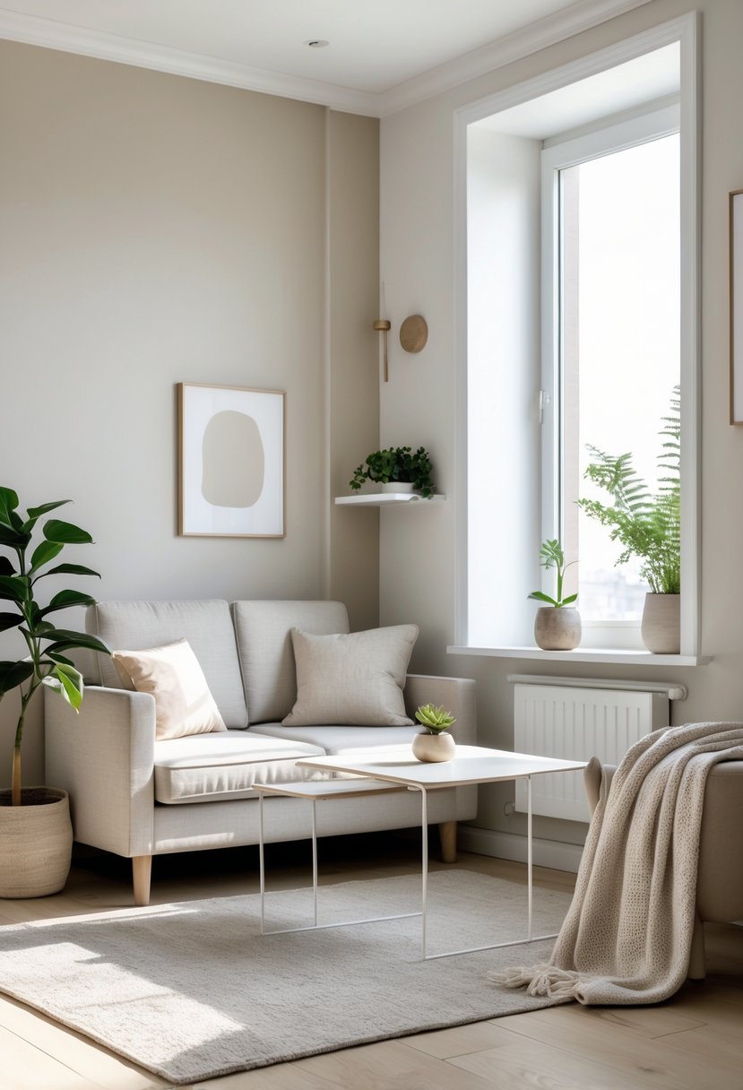 v2 1496i2 A small living room with a sofa, coffee table, plant, and natural light creating a simple and tidy space.