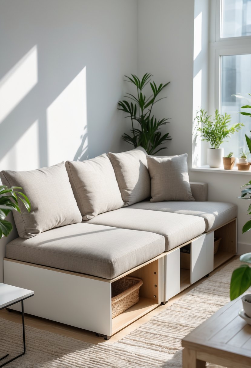 v2 1496if 0gnfc A tiny living room with a sectional sofa that has built-in storage, a small coffee table, plants, and natural light coming through a window.