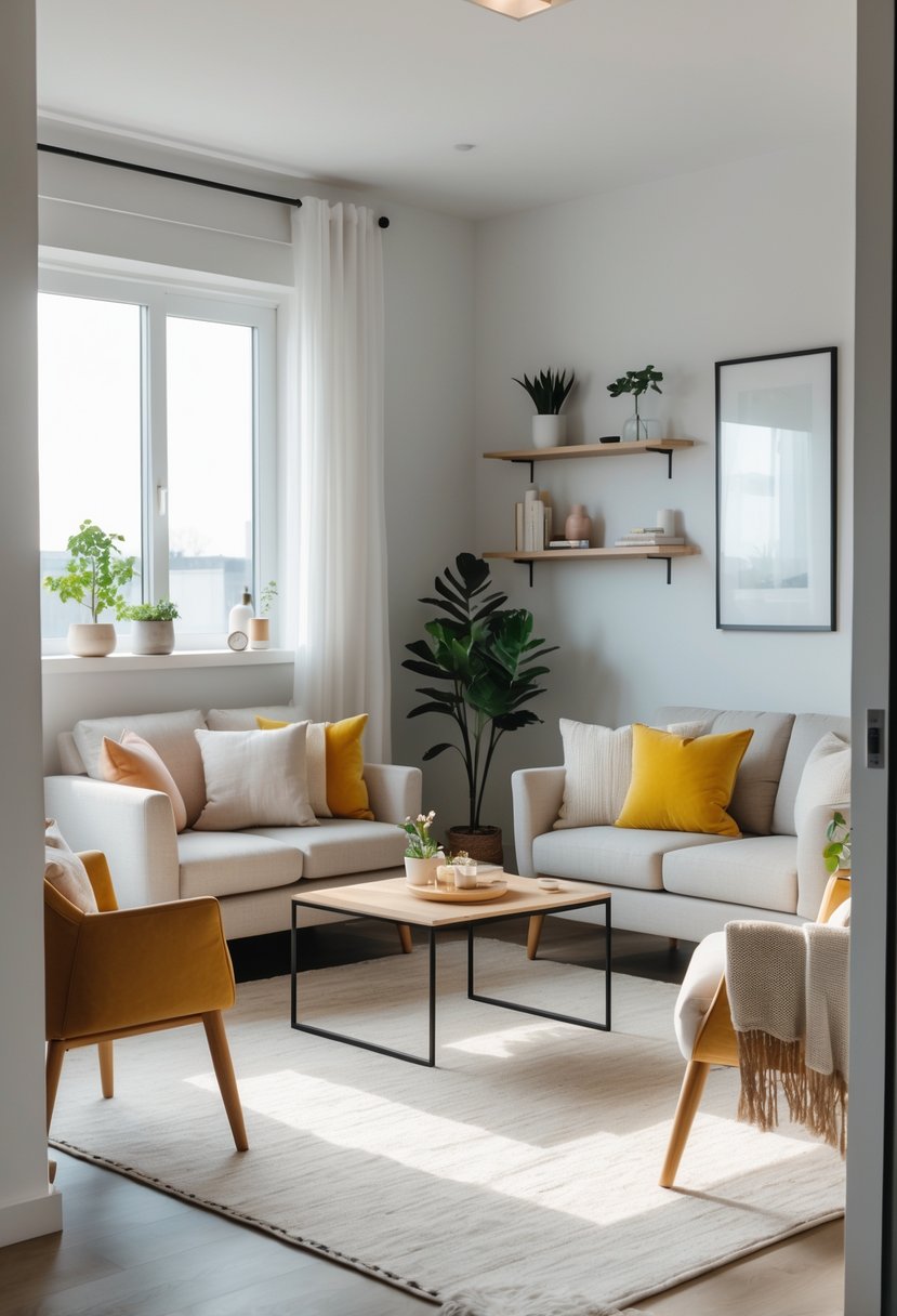 v2 1496iq qi0t3 A small living room with a sofa and two armchairs arranged around a coffee table, featuring natural light and simple decor.