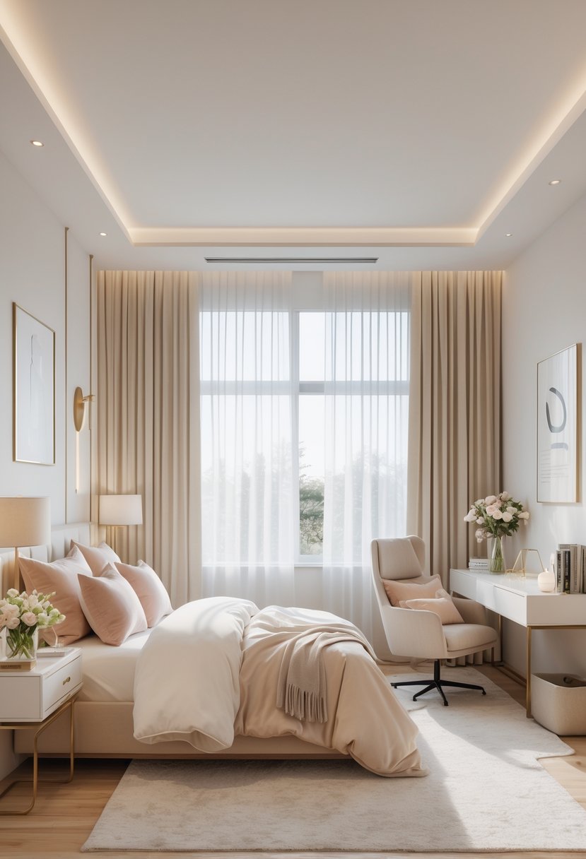 v2 1496sb ib5ii A well-lit bedroom with a cozy bed, nightstand, desk, armchair, and decorative items.