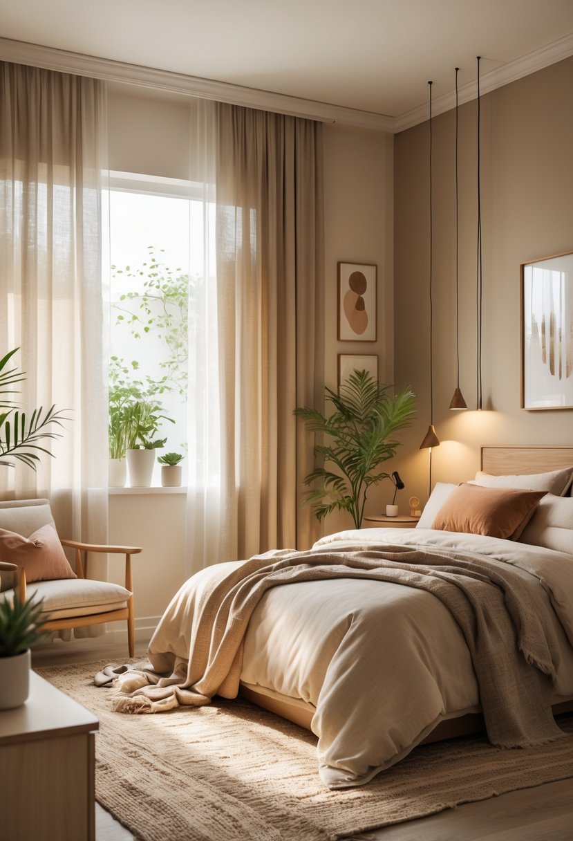 v2 1496sq f09rq A cozy bedroom with a bed, wooden furniture, soft lighting, and warm neutral colors.