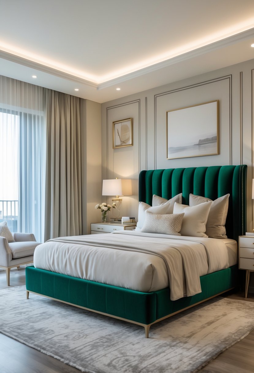 v2 1496t1 88clf A neatly arranged bedroom with a velvet upholstered headboard, bedside tables with lamps, and natural light coming through windows.