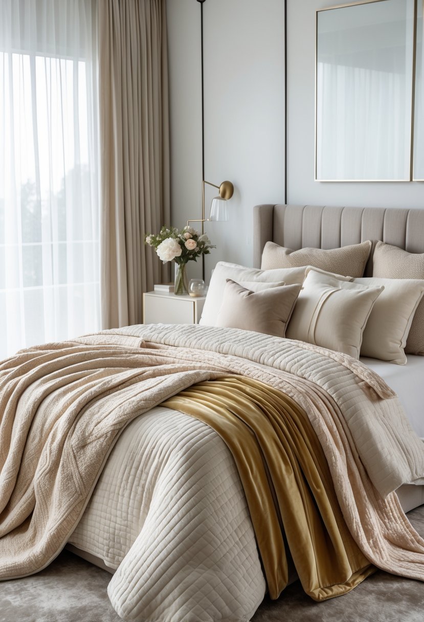 v2 1496td c2ek6 A bright bedroom with a bed layered with textured blankets and pillows, a bedside table with a lamp and flowers, and natural light coming through sheer curtains.