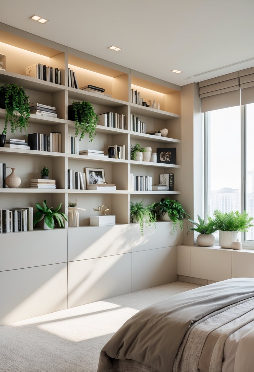 v2 1496u5 A bedroom with built-in wall shelves holding books and decor, a neatly made bed, and natural light coming through a window.