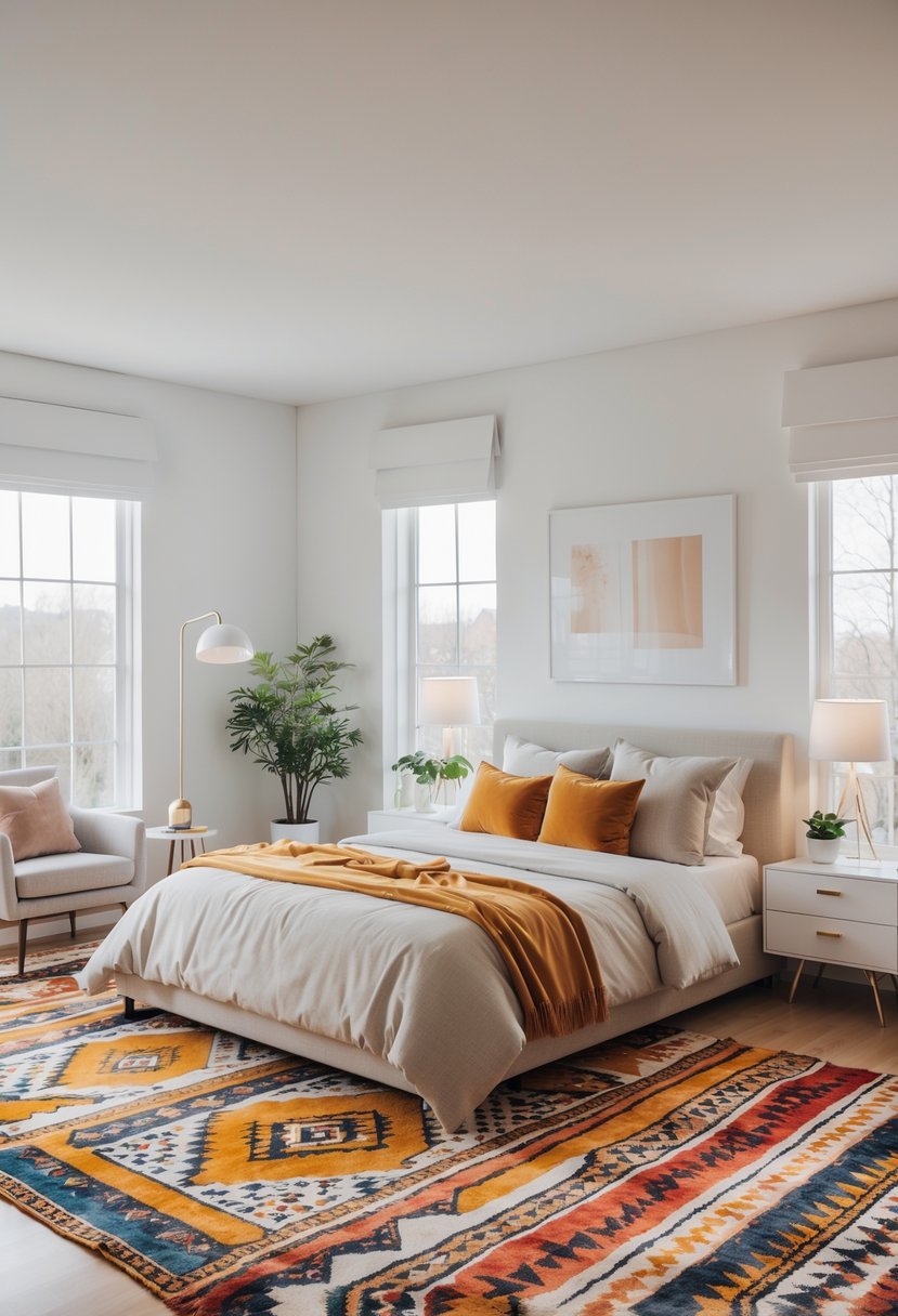 v2 1496ui 9q9gi A bright bedroom with a large geometric patterned rug, a neatly made bed, a nightstand with a plant and lamp, and a cozy reading chair by the window.