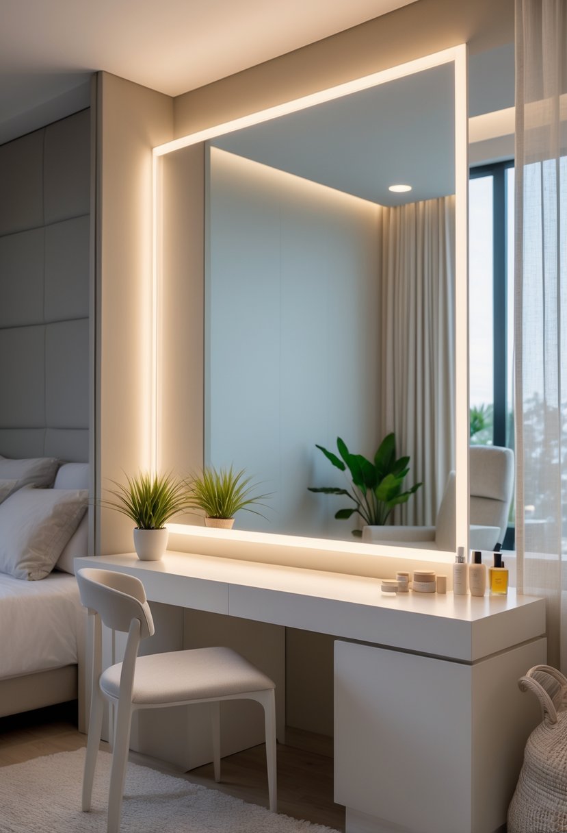 v2 1496uw 4pt7e A minimalist vanity with LED-lit mirror in a neat bedroom with a chair and small decorative items.