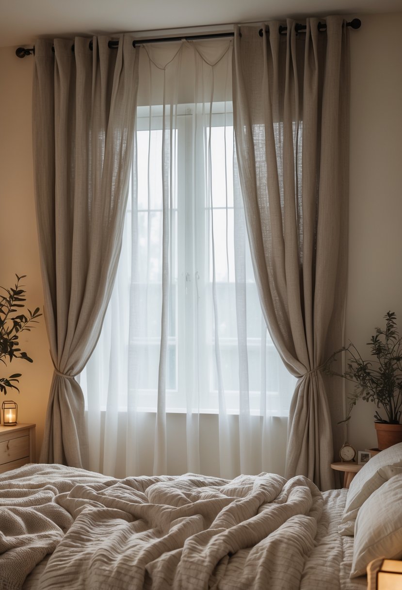 v2 1496vx znf9v A cozy bedroom with heavy linen curtains, a neatly made bed, natural wood furniture, and soft natural light coming through the window.