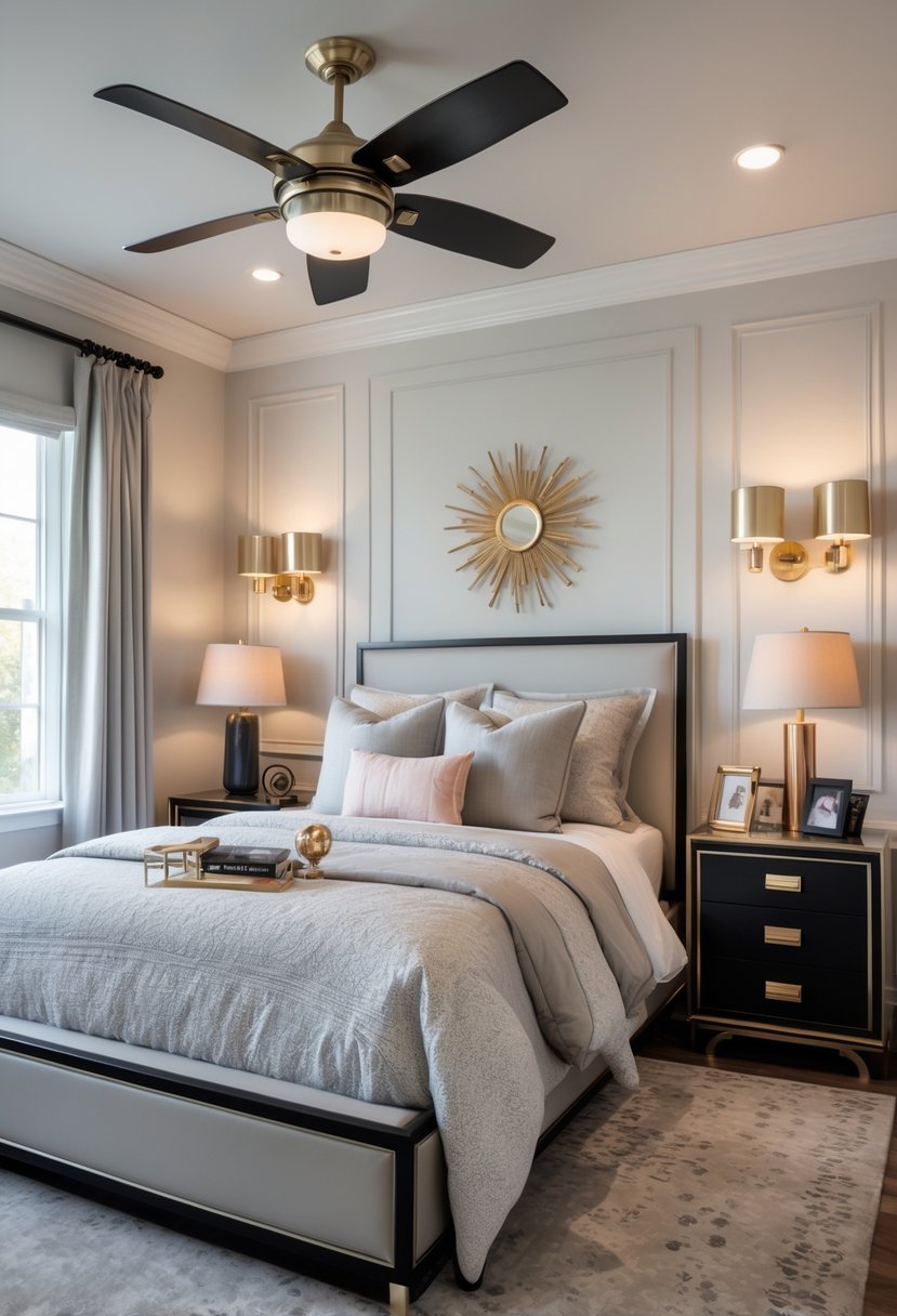 v2 1496wl pci0p A bedroom with a bed, nightstands, and lighting fixtures featuring mixed metal finishes in the hardware and decor.