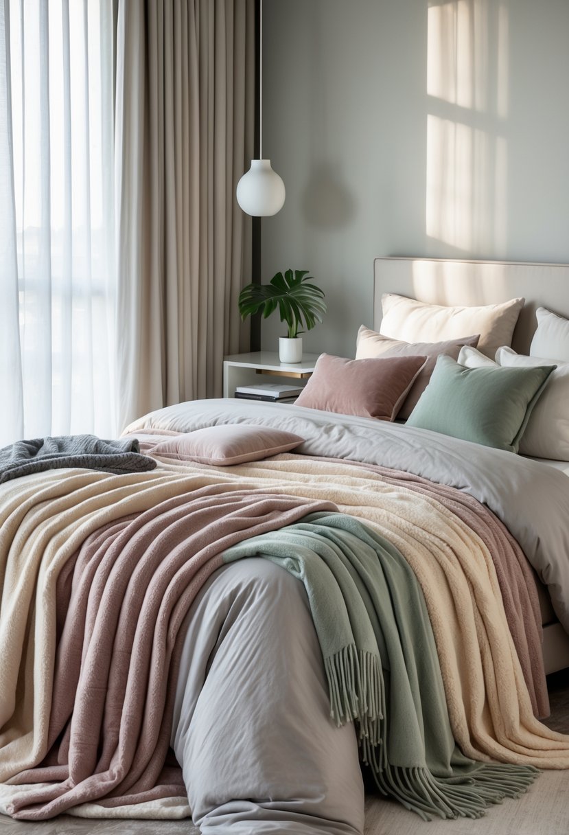 v2 1496x4 mth5f A bedroom with a bed covered in several plush throw blankets in muted colors and soft natural lighting.
