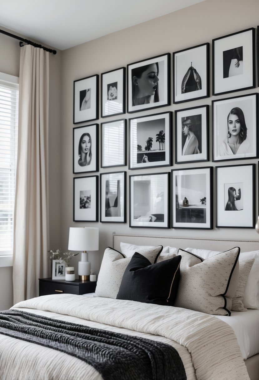 v2 1496xh 4qgcg A bedroom with a bed and a gallery wall of black and white photographs arranged above it.