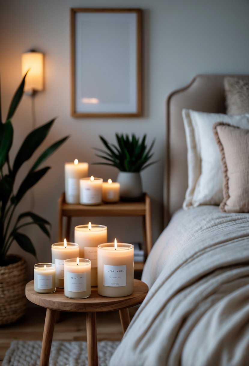 v2 1496xt kq2ja A cozy bedroom with scented soy candles lit on a bedside table, soft bedding, plants, and warm ambient lighting.