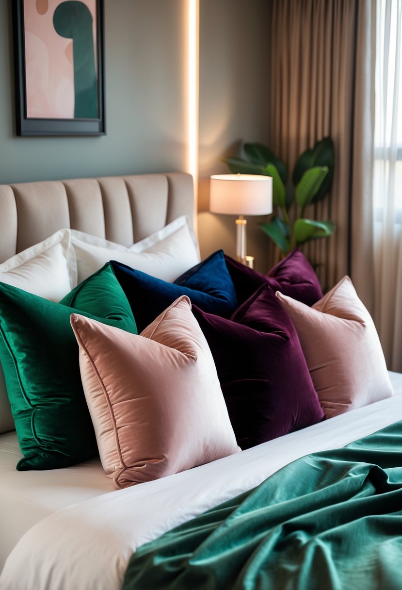 v2 1496yi 7dycv A bedroom with a bed featuring velvet and silk throw pillows in rich colors, soft natural light, and simple modern decor.