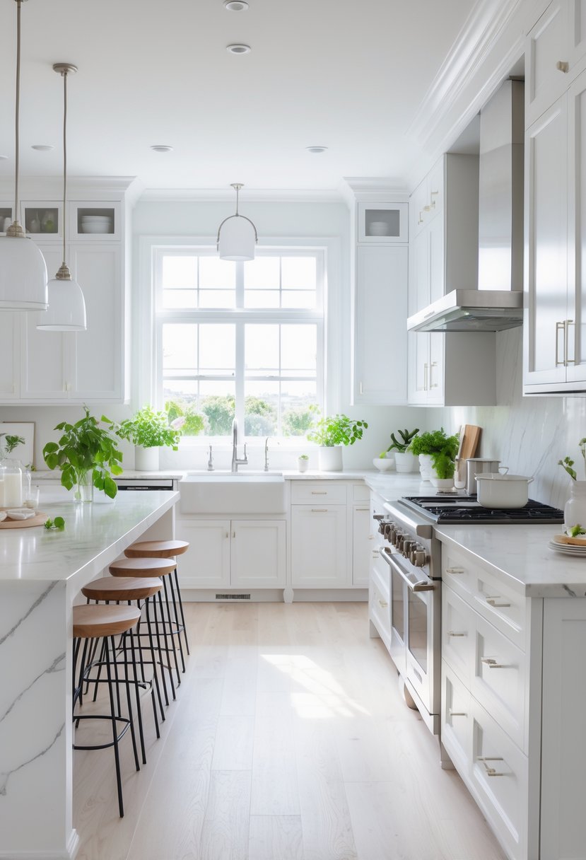 A bright white kitchen with a large island, modern appliances, and natural light coming through windows.
