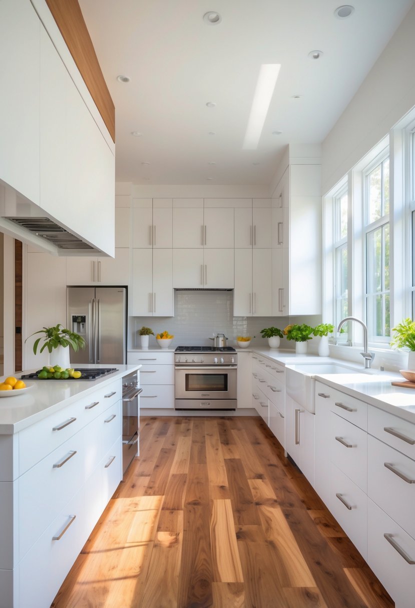 Bright kitchen with white cabinets and natural wood flooring, featuring a central island and large windows letting in sunlight.