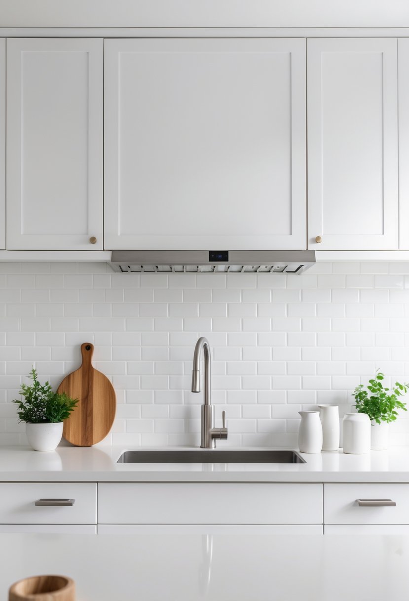 A bright kitchen with white cabinets and a matte white subway tile backsplash behind a countertop with kitchen accessories.