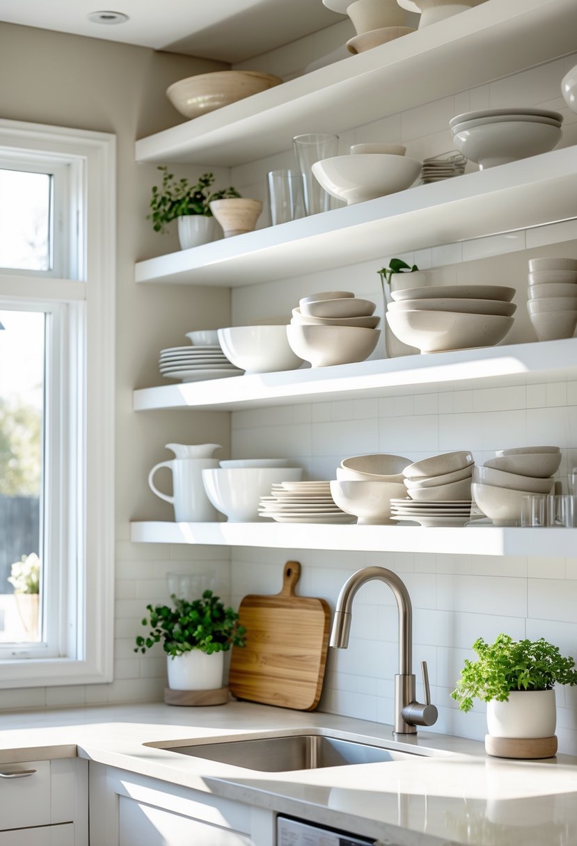 A bright kitchen with open shelves displaying neatly arranged white dishware and small plants.