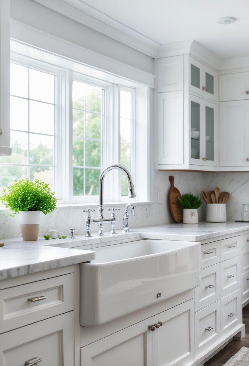 A bright kitchen with a large white apron sink, white countertops, and cabinets, illuminated by natural light from large windows.