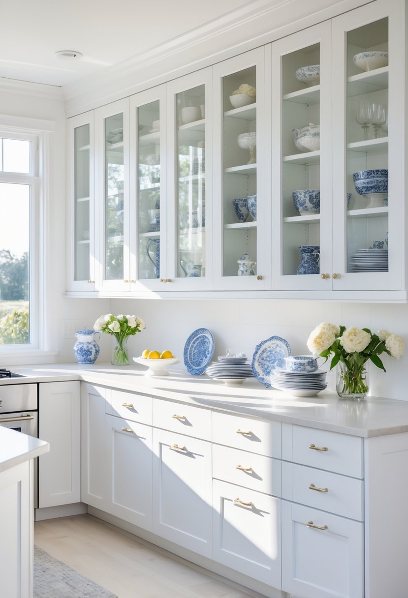 A bright white kitchen with glass-front cabinets displaying decorative dishes and glassware.