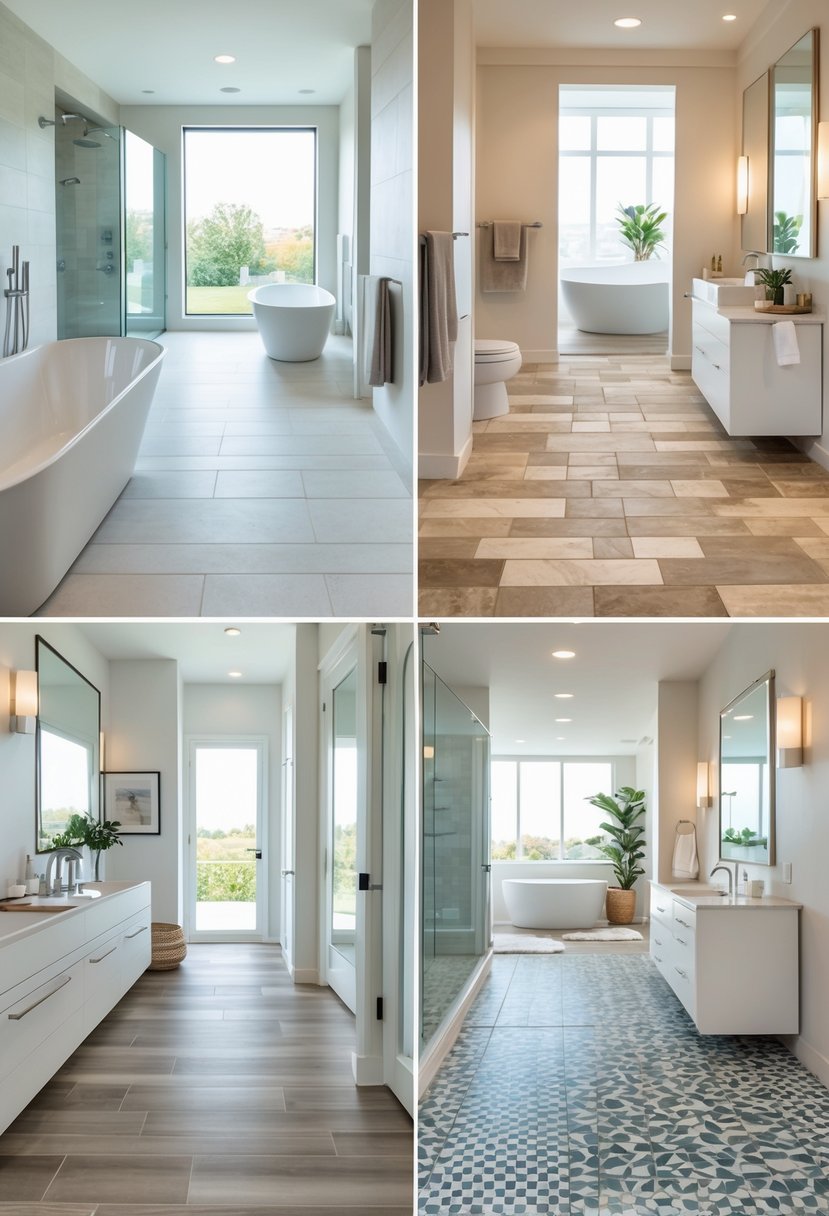 A modern bathroom scene displaying various types of flooring materials including tiles, wood, and stone.