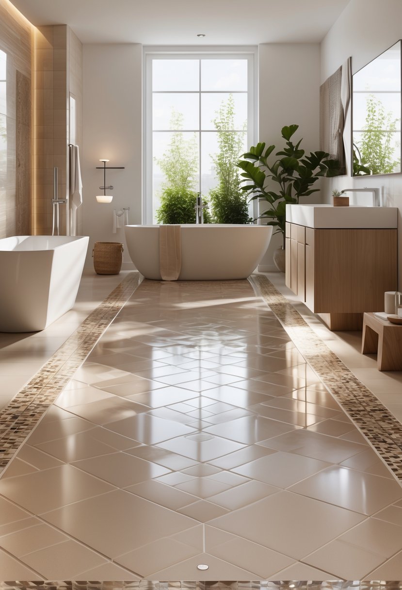 A bright bathroom with a freestanding bathtub and warm ceramic tile flooring illuminated by natural light.