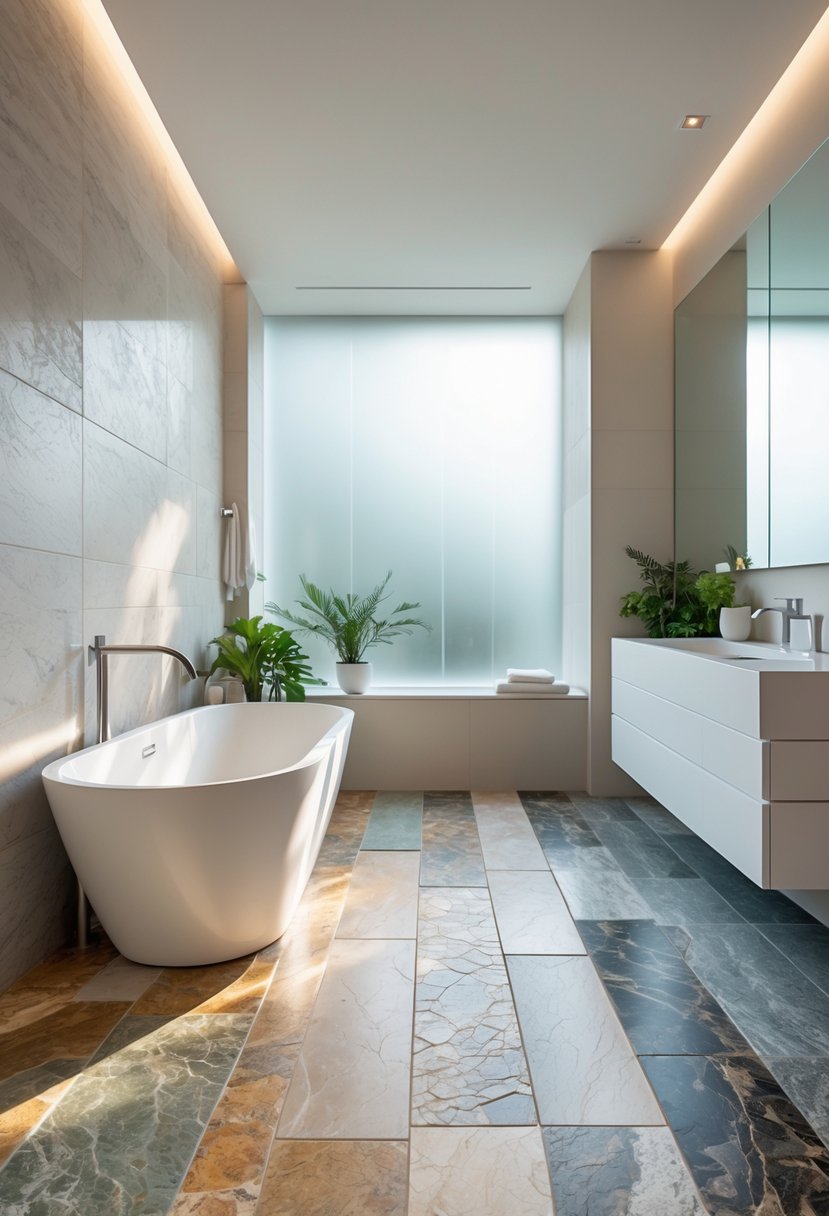 A modern bathroom with natural stone slab flooring, a freestanding bathtub, vanity, and plants illuminated by natural light.