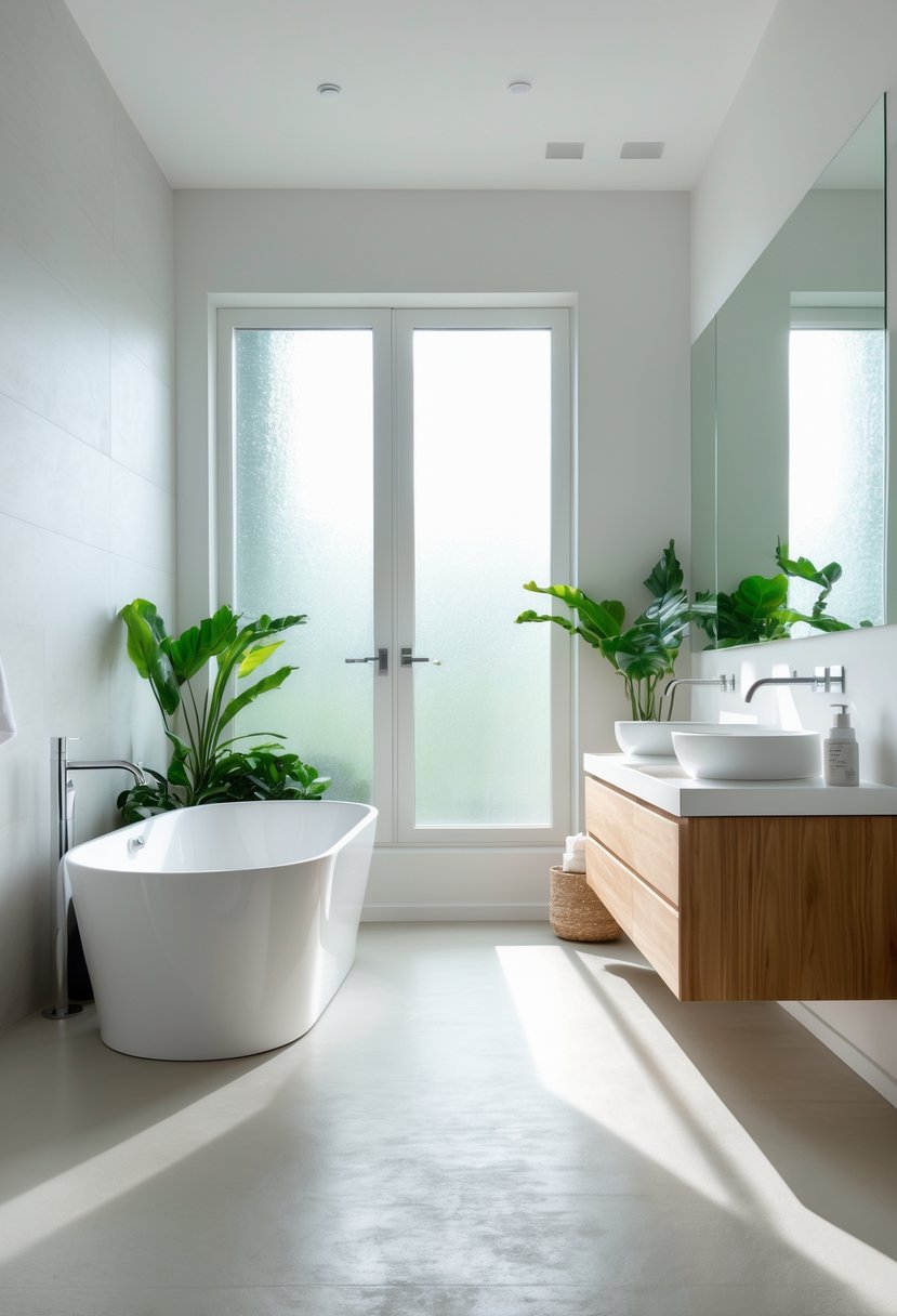 A modern bathroom with a freestanding bathtub, wooden vanity, and smooth microcement flooring illuminated by natural light.