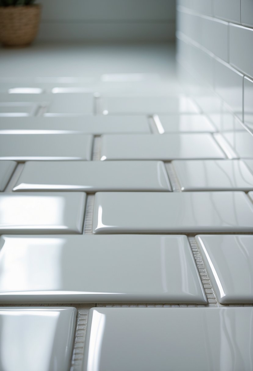 Close-up view of a bathroom floor with clean white rectangular tiles arranged in a staggered pattern.